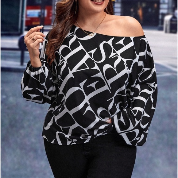 Classic Elegant Abstract Alphabet Letter Print Batwing Sleeve Top Blouse - Picture 10 of 11
